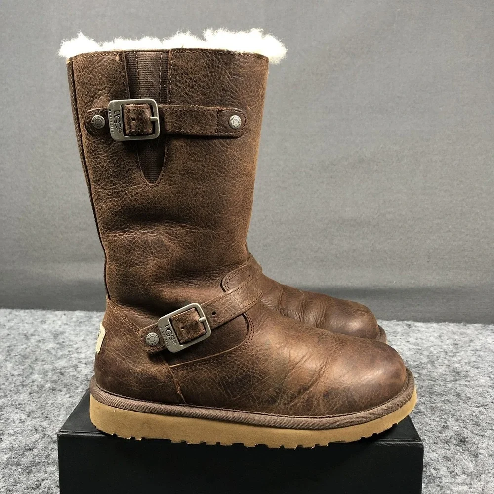 UGG Shearling Boots Girls 3 Brown Leather Zip Buckle Lined 1969 Mid Calf Winter